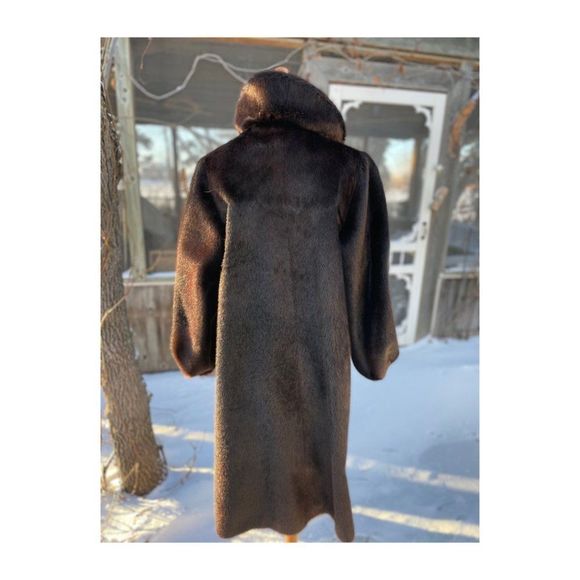 Vintage 50s Sheared Beaver Long Fur Coat Brown Balloon Sleeves Fuchsia Satin - Picture 12 of 16